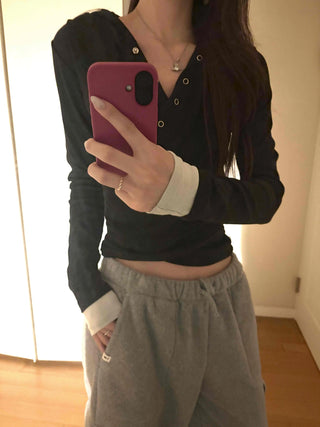 Layered Shirred Sleeve Half Button Crop Long Sleeve Tee