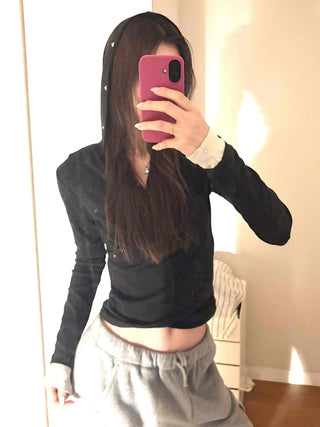 Layered Shirred Sleeve Half Button Crop Long Sleeve Tee