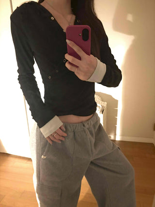 Layered Shirred Sleeve Half Button Crop Long Sleeve Tee