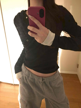 Layered Shirred Sleeve Half Button Crop Long Sleeve Tee
