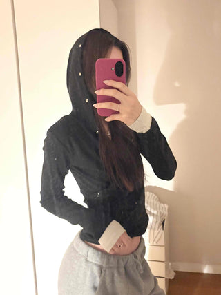 Layered Shirred Sleeve Half Button Crop Long Sleeve Tee