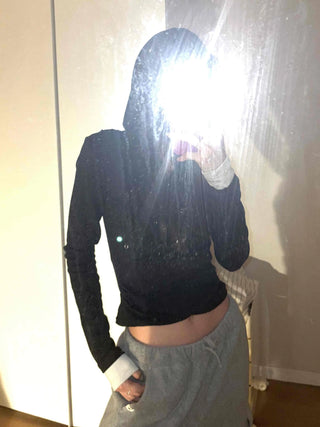Layered Shirred Sleeve Half Button Crop Long Sleeve Tee