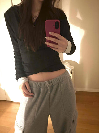 Layered Shirred Sleeve Half Button Crop Long Sleeve Tee