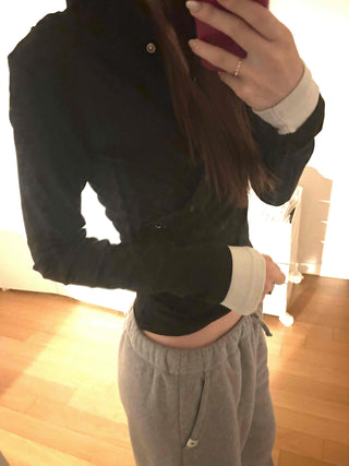Layered Shirred Sleeve Half Button Crop Long Sleeve Tee