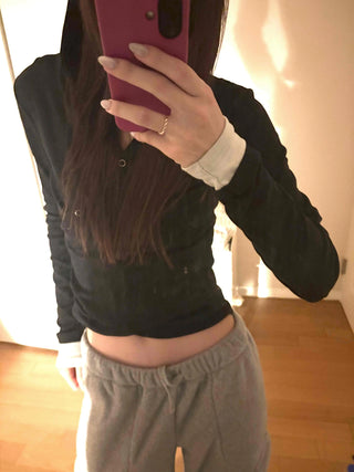 Layered Shirred Sleeve Half Button Crop Long Sleeve Tee