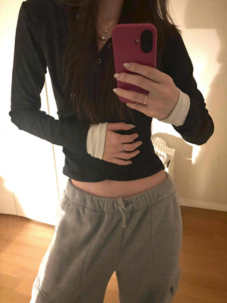 Layered Shirred Sleeve Half Button Crop Long Sleeve Tee