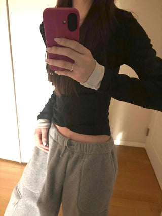 Layered Shirred Sleeve Half Button Crop Long Sleeve Tee