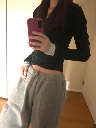 Layered Shirred Sleeve Half Button Crop Long Sleeve Tee