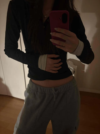 Layered Shirred Sleeve Half Button Crop Long Sleeve Tee