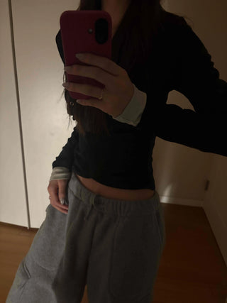 Layered Shirred Sleeve Half Button Crop Long Sleeve Tee