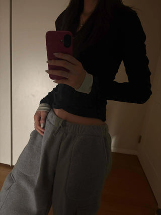 Layered Shirred Sleeve Half Button Crop Long Sleeve Tee