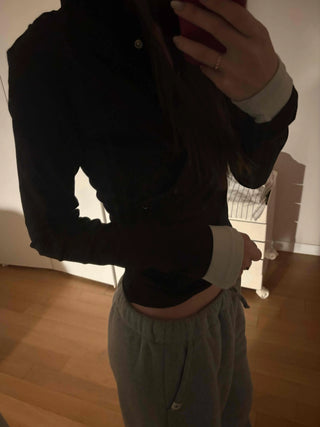 Layered Shirred Sleeve Half Button Crop Long Sleeve Tee