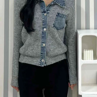 Denim Block Color Block Rib Shoulder Button Knit Cardigan