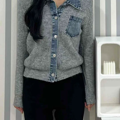Denim Block Color Block Rib Shoulder Button Knit Cardigan