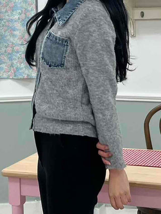 Denim Block Color Block Rib Shoulder Button Knit Cardigan