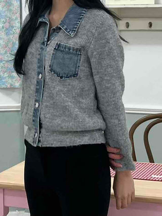 Denim Block Color Block Rib Shoulder Button Knit Cardigan