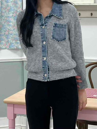 Denim Block Color Block Rib Shoulder Button Knit Cardigan
