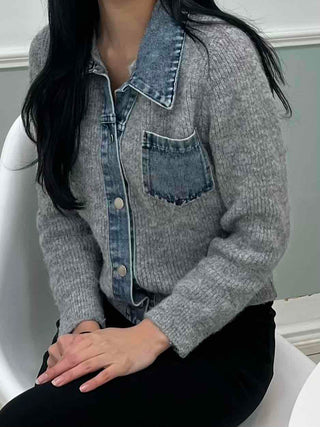 Denim Block Color Block Rib Shoulder Button Knit Cardigan