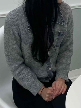 Denim Block Color Block Rib Shoulder Button Knit Cardigan