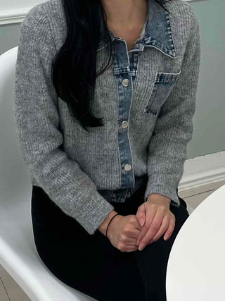 Denim Block Color Block Rib Shoulder Button Knit Cardigan