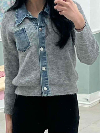 Denim Block Color Block Rib Shoulder Button Knit Cardigan