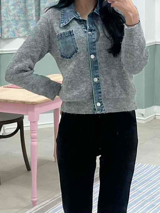 Denim Block Color Block Rib Shoulder Button Knit Cardigan