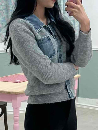 Denim Block Color Block Rib Shoulder Button Knit Cardigan