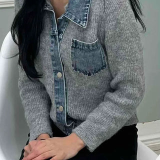 Denim Block Color Block Rib Shoulder Button Knit Cardigan