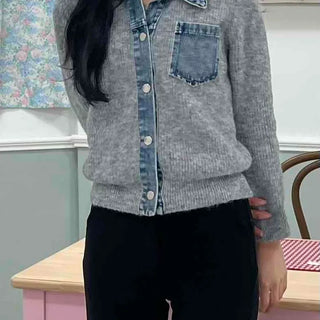 Denim Block Color Block Rib Shoulder Button Knit Cardigan