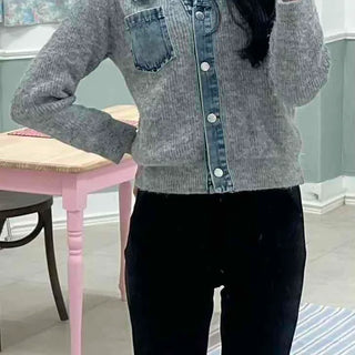 Denim Block Color Block Rib Shoulder Button Knit Cardigan