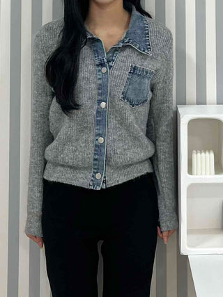 Denim Block Color Block Rib Shoulder Button Knit Cardigan