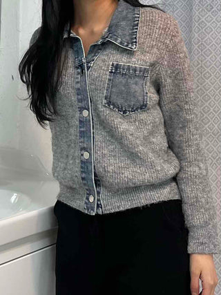 Denim Block Color Block Rib Shoulder Button Knit Cardigan