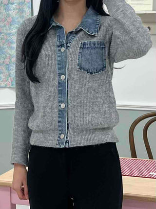 Denim Block Color Block Rib Shoulder Button Knit Cardigan