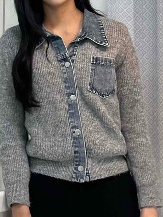 Denim Block Color Block Rib Shoulder Button Knit Cardigan