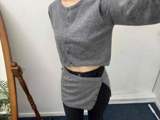 Apron Hemline Front Slit Crop Knit Cardigan
