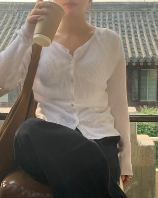 Chero Linen Ribbed V-Neck Long Sleeve Cardigan