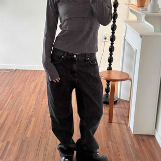 Dark-toned vintage washed loose-fit denim pants