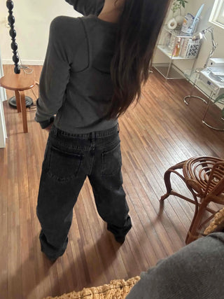 Dark-toned vintage washed loose-fit denim pants