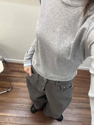 Cargo Pocket Slit Hem Straight Wide Pants