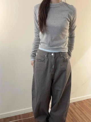 Cargo Pocket Slit Hem Straight Wide Pants