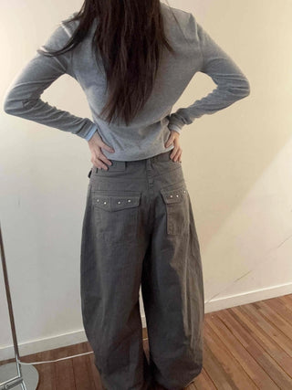 Cargo Pocket Slit Hem Straight Wide Pants