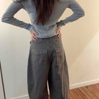Cargo Pocket Slit Hem Straight Wide Pants