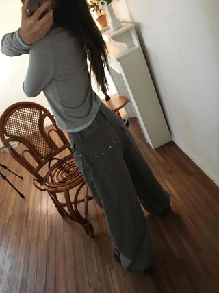 Cargo Pocket Slit Hem Straight Wide Pants