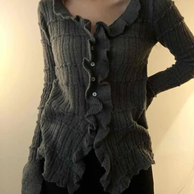 Cable Knitting Ruffle Collar Irregular Hem Knit Cardigan