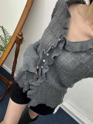 Cable Knitting Ruffle Collar Irregular Hem Knit Cardigan