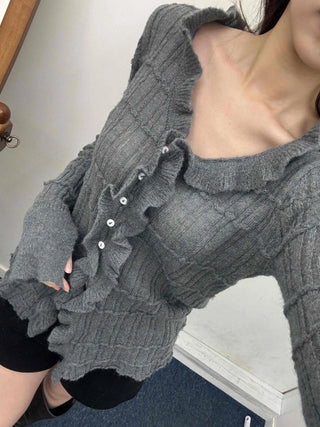 Cable Knitting Ruffle Collar Irregular Hem Knit Cardigan