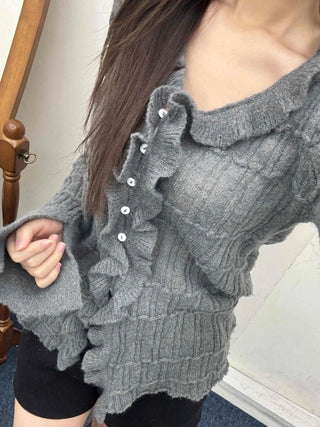 Cable Knitting Ruffle Collar Irregular Hem Knit Cardigan
