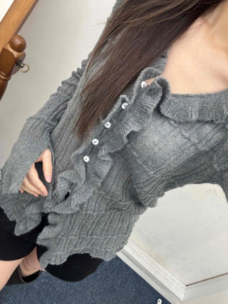 Cable Knitting Ruffle Collar Irregular Hem Knit Cardigan