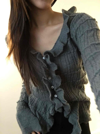 Cable Knitting Ruffle Collar Irregular Hem Knit Cardigan