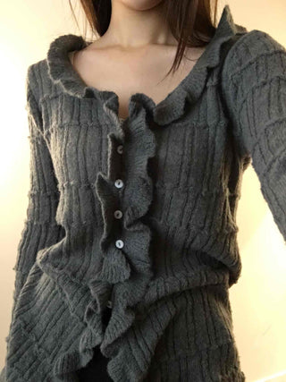 Cable Knitting Ruffle Collar Irregular Hem Knit Cardigan